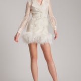 Ostrich Feather Embellished Silk Gazar Slim Mini Trench Dress in White