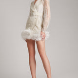 Ostrich Feather Embellished Silk Gazar Slim Mini Trench Dress in White