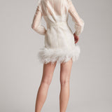 Ostrich Feather Embellished Silk Gazar Slim Mini Trench Dress in White