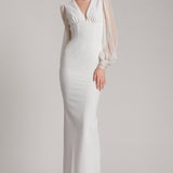 Full Length V-neckline Gown with Puffed Silk Chiffon Sleeves in Fuchsia