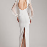 Full Length V-neckline Gown with Puffed Silk Chiffon Sleeves in Fuchsia