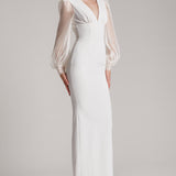 Full Length V-neckline Gown with Puffed Silk Chiffon Sleeves in Fuchsia