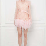Ostrich Feather Embellished Silk Gazar Slim Mini Trench Dress in Pink