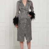 Houndstooth Print Ostrich Feather Embellished Sleeves Silk Gazar Trench Coat