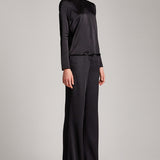Silk Satin Button and Bow Embellished Blouse with Long Sleeves in Black