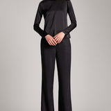 Silk Satin Button and Bow Embellished Blouse with Long Sleeves in Black