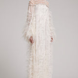 Ostrich Feather Embellished Pearl Maxi Tent Dress in White