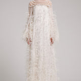 Ostrich Feather Embellished Pearl Maxi Tent Dress in White