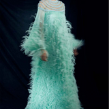 Ostrich Feather Embellished Pearl Maxi Tent Dress in Mint Green