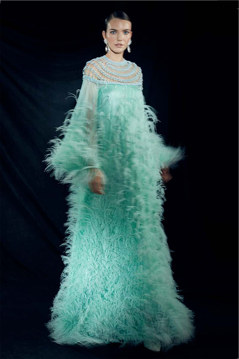 Ostrich Feather Embellished Pearl Maxi Tent Dress in Mint Green IVAN YOUNG Ostrich Feather Embellished Pearl Maxi Tent Dress in Mint Green IVAN YOUNG