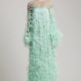 Ostrich Feather Embellished Pearl Maxi Tent Dress in Mint Green