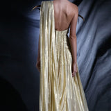 Feather Embellished Draped Bodice Front Double Slit Gold Line Silk Chiffon Dress in Gold