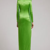 Crystal Fringe Embellished Sleeves Plunging Neckline Silk Satin Dress in Lime Green