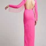 Crystal Fringe Embellished Sleeves Open Back Square Neck Dress