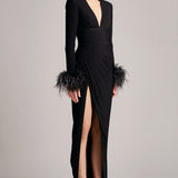 Structured Shoulder Side Ruched Long Sleeves Dress in Black