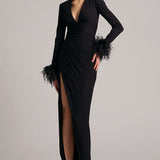Structured Shoulder Side Ruched Long Sleeves Dress in Black