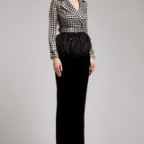 Houndstooth Print Ostrich Feather Embellished Silk Gazar Coat
