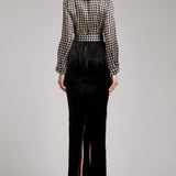 Houndstooth Print Ostrich Feather Embellished Silk Gazar Coat