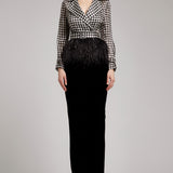 Houndstooth Print Ostrich Feather Embellished Silk Gazar Coat