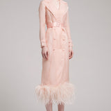 Ostrich Feather Embellished Silk Gazar Slim Midi Trench Dress in Pink