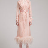 Ostrich Feather Embellished Silk Gazar Slim Midi Trench Dress in Pink