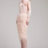 Ostrich Feather Embellished High Waisted Skirt in Baby Pink