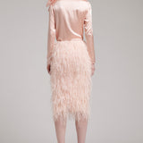 Ostrich Feather Embellished High Waisted Skirt in Baby Pink