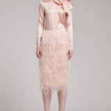 Ostrich Feather Embellished High Waisted Skirt in Baby Pink