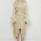 Checkered Print Ostrich Feather Embellished Sleeves Silk Gazar Trench Coat