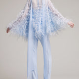 Ostrich Feather Embellished Blouse with Bell Sleeves in Baby Blue