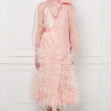 Ostrich Feather Embellished Silk Gazar Skirt in Pink