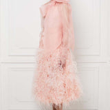 Ostrich Feather Embellished Silk Gazar Skirt in Pink