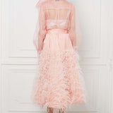 Ostrich Feather Embellished Silk Gazar Skirt in Pink