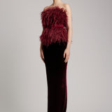 Ostrich Feather Embellished Strapless Peplum Top in Rosewood
