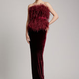 Ostrich Feather Embellished Strapless Peplum Top in Rosewood