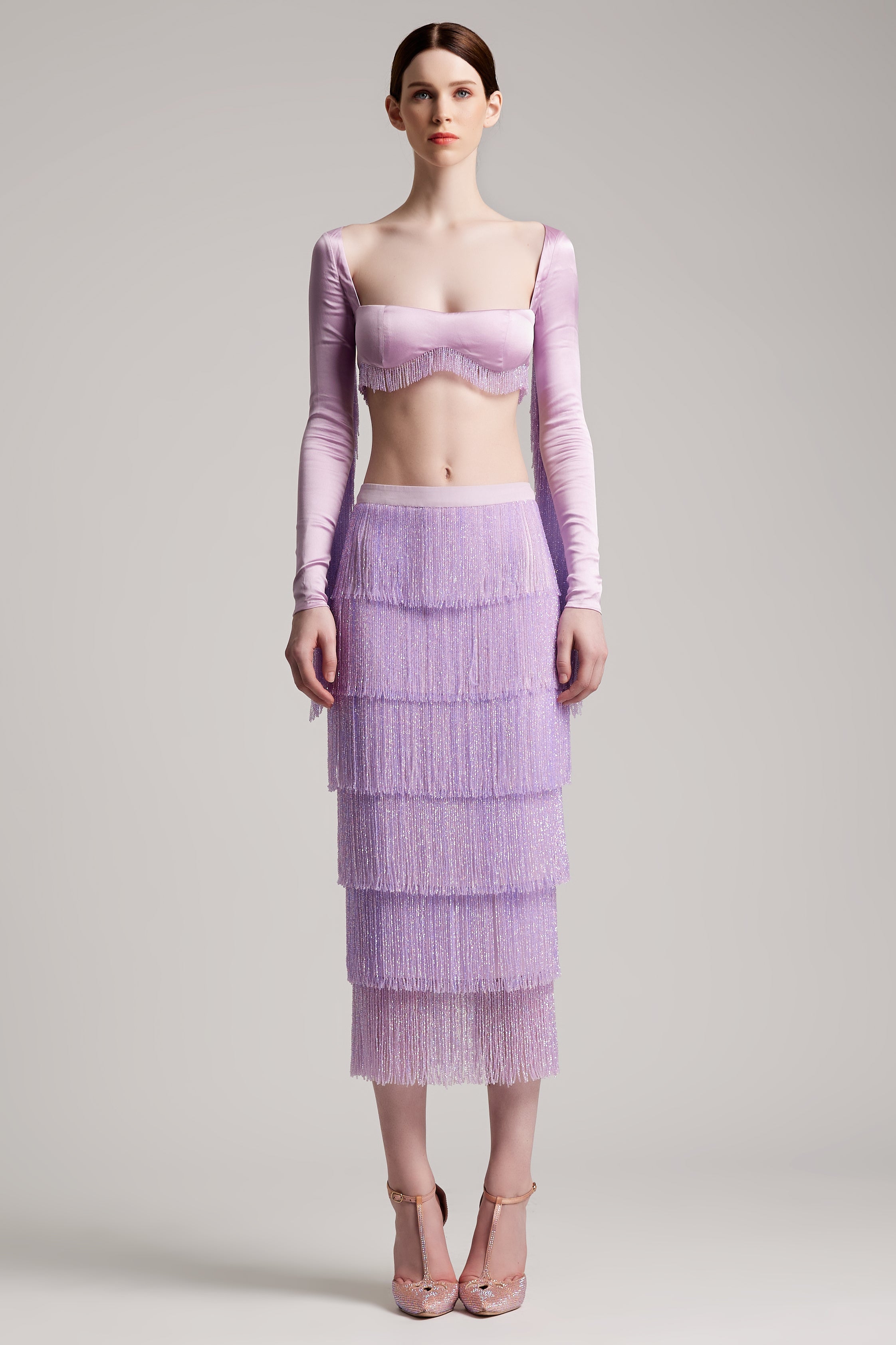 Tiered Crystal Fringe High Waisted Skirt in Lilac – IVAN YOUNG