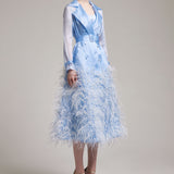 Silk Gazar Ostrich Feathers Embellished Trench Coat in Blue