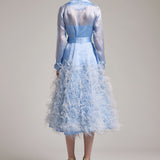 Silk Gazar Ostrich Feathers Embellished Trench Coat in Blue