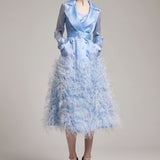 Silk Gazar Ostrich Feathers Embellished Trench Coat in Blue