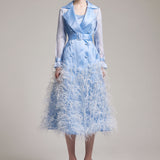 Silk Gazar Ostrich Feathers Embellished Trench Coat in Blue
