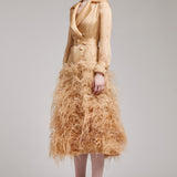 Silk Gazar Ostrich Feathers Embellished Trench Coat in Champagne