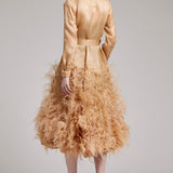 Silk Gazar Ostrich Feathers Embellished Trench Coat in Champagne