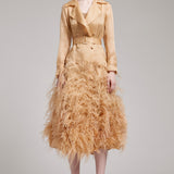 Silk Gazar Ostrich Feathers Embellished Trench Coat in Champagne