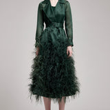 Silk Gazar Ostrich Feathers Embellished Trench Coat in Emerald Green
