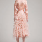 Silk Gazar Ostrich Feathers Embellished Trench Coat in Pink