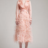 Silk Gazar Ostrich Feathers Embellished Trench Coat in Pink