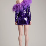 Ostrich Feather and Sequin Embellished Asymmetrical Mini Dress in Purple