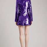 Sequin Embellished Coat Dress with Silk Satin Lapels in Purple