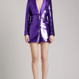 Sequin Embellished Coat Dress with Silk Satin Lapels in Purple