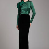 Silk Satin Button and Bow Embellished Blouse with Long Sleeves In Green